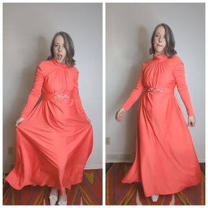 70s Coral Long Sleeve Maxi Belted Dress Size S/M